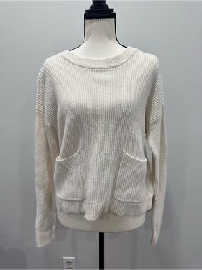 MADEWELL Cream Ribbed Pocket Sweater - Women's Crewneck Cotton Size Small
